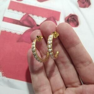 IND 14k yellow gold on 925 Sterling Silver Huggie C-Hoop Earrings Pearls Signed